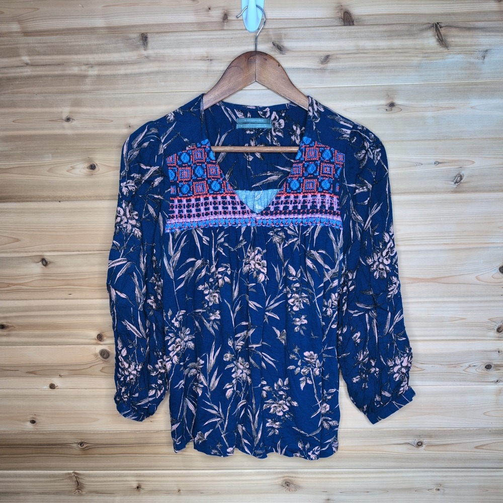 Anthropologie Navy Floral Embroidered Peasant Blouse Pink Blue Boho Top Medium